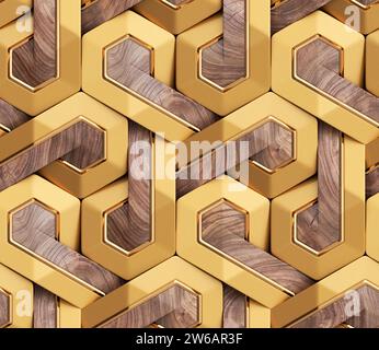 Futuristisches geometrisches 3D-Muster aus Sechsecken mit luxuriöser Gold- und Holzfarbe, die einem komplizierten Mosaik ähneln Stockfoto