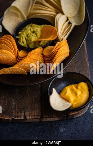 Blick von oben auf einen Teller mit verschiedenen Crisps mit Guacamole und Käsedips auf einem Schneidebrett Stockfoto