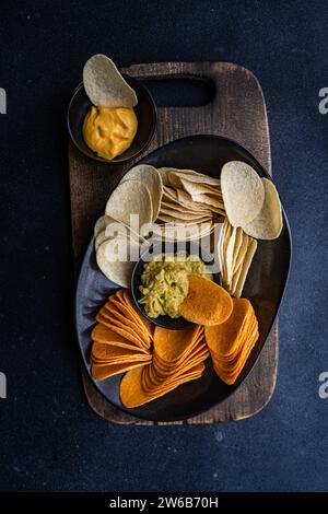 Blick von oben auf einen Teller mit verschiedenen Crisps mit Guacamole und Käsedips auf einem Schneidebrett Stockfoto