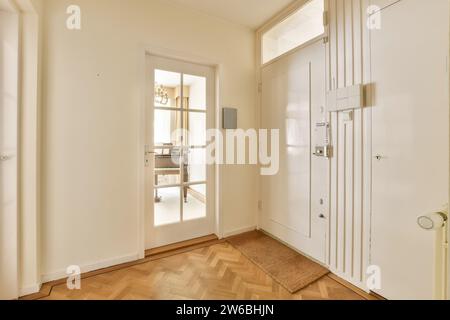 Weiße geschlossene Eingangstür im kleinen Foyer des luxuriösen Hauses mit Hartholzboden und Fußmatte Stockfoto
