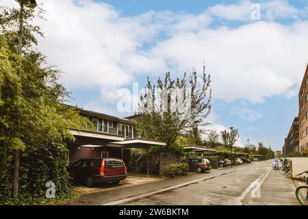 Eine friedliche Vorstadtszene mit gesäumten Autos von Einfamilienhäusern mit üppigem Grün unter klarem blauem Himmel. Stockfoto