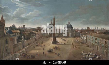 Piazza del Popolo (Rom) mit Blick nach Süden in Richtung der Kirchen Santa Maria di Monte Santo und Santa Maria dei Miracoli (von Gaspar van Wittel). Stockfoto