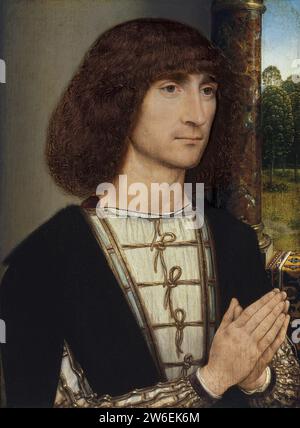 Retrato de un hombre joven orante, por Hans Memling. Stockfoto