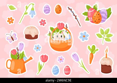 „Happy Easter“-Aufkleber im flachen Cartoon-Stil. Krokus, Tulpe, Osterkuchen, Kerze, Blumen, Hase, Korb, Karotte und Schmetterling. Vektor Stock Vektor