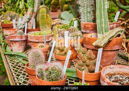 VIBRANT Cactus Collection im Gewächshaus, Blick auf Augenhöhe Stockfoto