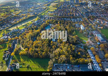 Luftaufnahme, Maximilianpark mit See, Wohngebiet umgeben von herbstlichen Laubbäumen, Uentrop, Hamm, Ruhrgebiet, Nordrhein-Westfalen, Keim Stockfoto