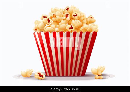 Popcorn in klassisch gestreifter rot-weißer Pappschachtel im Cartoon-Stil für Kinoplakat. Fastfood zum Mitnehmen in trendigem Flachstil. Restaurant Junk Food m Stockfoto