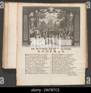 Der aufrichtige und der Goldeny Koopman, 1720, 1720 der aufrichtige und gierige Kaufmann. Links der aufrichtige Kaufmann mit Quecksilber und Tugend für den Thron der Wahrheit, rechts der gierige Kaufmann (der Windhändler) mit Täuschung und Gänsehaut für den Thron des Reichtums. Auf der Balustrade zitiert die Bibel. Im Hintergrund ein Garten mit einem Labyrinth mit der schmalen und breiten Straße. In der Bildunterschrift de Legenda 1-14 auf Niederländisch. Separat auf dem Blatt unter der Platte gedruckt, der Titel und ein Vers aus 2 Spalten. Druck in der gebundenen vierten Ausgabe (304 B 12) der großen Szene der Dummheit mit Cartoons auf dem Stockfoto