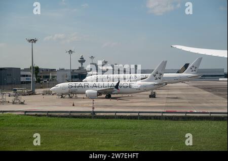 25.07.2023, Singapur, Singapur, - Singapore Airlines Passagierflugzeuge im Star Alliance Lackierpark auf dem Vorfeld des Singapore Changi Airport. Singapur Stockfoto