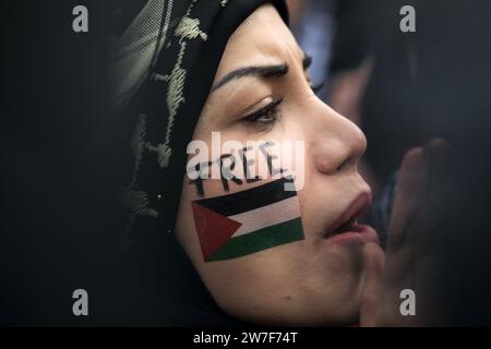 04.11.2023, Deutschland, Berlin, Berlin - große pro-palästinensische Demonstration. Porträt einer Frau mit gemalter palästinensischer Flagge und freien Worten. Und Stockfoto