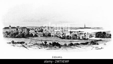 Blick auf die Stadt Schleswig mit dem Schlei-Fjord und Schloss Gottorf, ehemaliger Sitz des Herzogs von Schleswig, Schleswig-Holstein, Deutschland, Mitteleuropa Stockfoto