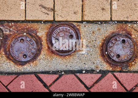 Rostige Wasserabdeckungen auf strukturiertem Stadtpflaster Stockfoto