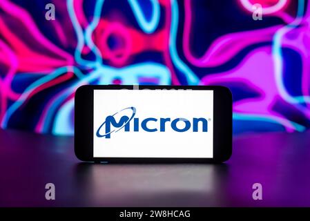 Indien. Dezember 2023. In dieser Abbildung wird das Micron-Logo auf dem Bildschirm eines Mobiltelefons angezeigt. (Foto von Idrees Abbas/SOPA Images/SIPA USA) *** ausschließlich für redaktionelle Nachrichten *** Credit: SIPA USA/Alamy Live News Stockfoto