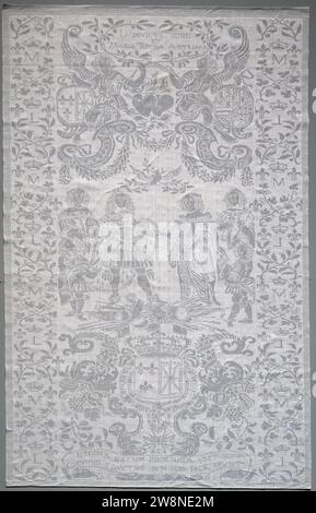 Serviette van WIT Linnamast mit Ludwig XIV und Maria Theresia van Austria , 1661 Serviette van WIT Linnamast mit Ludwig XIV und Maria Theresia van Austria, vor der Geburt des Großstadtjahrs. Vom 1661. Südniederländische (möglicherweise) Leinen (Material) Damast Serviette van Wit Linnamast mit Ludwig XIV. Und Maria Theresia van Austria, vor der Geburt des Großstadtmeisters. Vom 1661. Südholland (möglicherweise) Leinen (Material) Damast Stockfoto