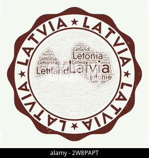 Lettland Logo. Erstaunliches Länderabzeichen mit Wortwolke in Form von Lettland. Rundes Emblem mit Ländername. Kreative Vektorillustration. Stock Vektor