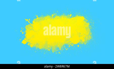 Gelbe Farbspritzer auf blauem Hintergrund. Freier Platz Für Text Und Design, Konzept. Kreative Und Pinselstriche Mit Spritzern Stockfoto