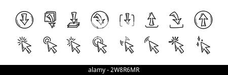 Download und Upload der Datei Doodle-Symbole. Schaltflächen der Benutzeroberfläche für handgezeichnete Skizzen. Datenservertechnologie. Pfeilsymbol für digitale Speicherung. Stock Vektor