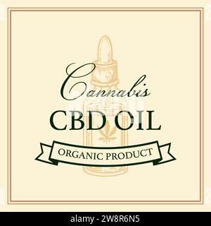 Cannabis cbd Öl Verpackungsdesign. Marihuana-Logo-Vorlage mit handgezeichneten Elementen. Vektorabbildung im Skizzenstil Stock Vektor