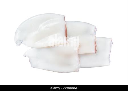 Rohe Tintenfische oder Calamari-Röhren isoliert auf weißem Hintergrund, Draufsicht Stockfoto