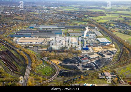 Luftansicht, ThyssenKrupp Steel Europe am Röhrenwerk, Bahngleise Verladestation, Fernsicht mit Wiesen und Feldern, umgeben von herbstlicher Natur Stockfoto