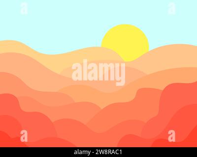 Wüstenlandschaft mit Dünen und Sonne in minimalistischem Stil. Wellige Wüstenlandschaft mit Sonne. Design zum Drucken von Bannern, Postern, Bucheinbänden. Vektor i Stock Vektor