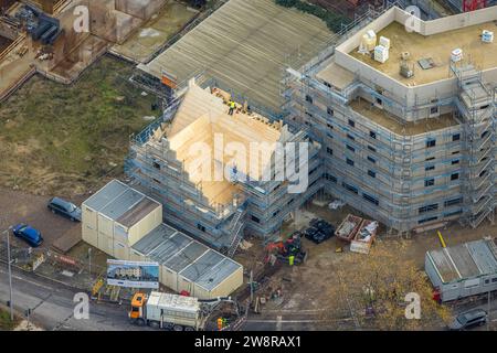 Blick aus der Vogelperspektive, Baustelle des Mercator Quartier für neue Hotels und Apartments, umgeben von herbstlichen Laubbäumen, Altstadt, Duisburg, Ruhrgebiet, Stockfoto