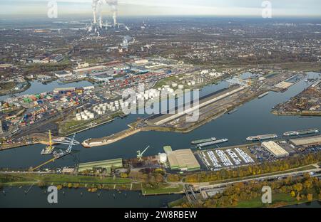 Luftansicht, Duisburger Hafengebiet mit Öl- und Kohleinsel, Baustelle für neue Brücke, die die Kohleinsel und die Ölinsel mit verbindet Stockfoto