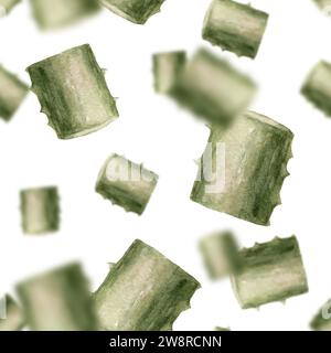 Aloe hinterlässt grünes florales nahtloses 3D-Blaumuster Aquarell, isoliert auf weißem Hintergrund, handgezeichnet. Geschlitzter Sukkulent, botanisch. Für Hintergrundinformationen Stockfoto