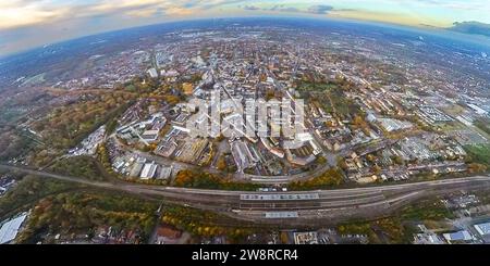 Luftaufnahme, Gelsenkirchen-Mitte, Stadtzentrum mit Hauptbahnhof, Globus, Wohn- und Geschäftshäuser, Fischaugenbild, 360-Grad-Bild, winzig Stockfoto