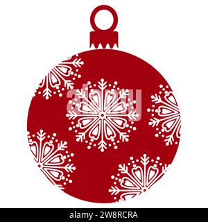 Weihnachtskugel Silhouette, Vektorillustration. Rote Weihnachtskugel mit weißen Schneeflocken. Stock Vektor