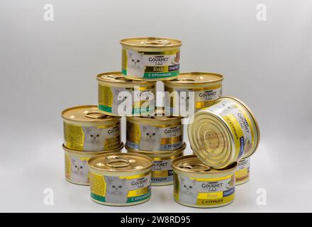 Kiew, Ukraine - 23. Mai 2023: Purina Gourmet Gold Luxus-Tiernahrungsdosen auf weißem Hintergrund. Purina Petcare wurde 2001 gegründet und ist eine Tochtergesellschaft von Nestle. I Stockfoto