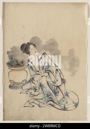 Frau, möglicherweise eine Kurtisane, neben einem Blumentopf sitzend, mit Kopf nach links nach rechts gedreht, das Tragen von Kimono mit starburst Design, dass die Pflanzen im Topf imitiert. Stockfoto