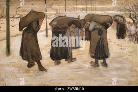 Frauen mit Säcken Kohle im Schnee - Vincent Van Gogh. Stockfoto