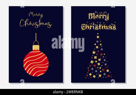 Weihnachtspostkarte mit Silvester-Weihnachtsbaum. Dunkelblauer Hintergrund... Layout-Grußkartenvorlage. Vektorabbildung. Stock Vektor