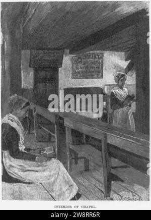 Holzstich aus Zeichnung von Howard Pyle, der seinen artikel A Besondere Menschen illustrierte, in Harper's New Monthly, Oktober 1889, S. 776-785. Dunker Religion in Pennsylvania - Inneres von Stockfoto