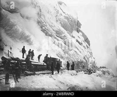 Arbeitszug mit Holztransport für den Bau der White Pass & Yukon Railroad, Alaska, CA 1898 Stockfoto