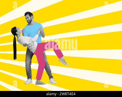 Glückliches Paar, das auf hellem Hintergrund tanzt. Kreative Collage mit stilvollem Mann und Frau. Konzept von Musik, Party, Mode, Lifestyle Stockfoto