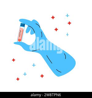 Hand in medizinische Handschuhe, die das Blutröhrchen halten. Vektordarstellung isoliert. Medizinischer Hintergrund, Analysenkonzept. Stock Vektor