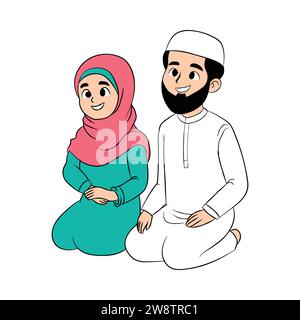 Ein glückliches muslimisches Paar, Mann und Frau isoliert auf weißem Hintergrund. Cartoonszene mit hübschem und lächelndem Design für Ramadan-Konzept, flache Vektorillu Stock Vektor