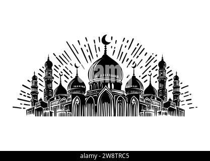 Doodle einer muslimischen Moschee, isoliert auf weißem Hintergrund. Einfache schwarze Konturvektorzeichnung. Skizze in Tinte. Stock Vektor