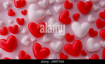 Weißes und rotes Herz Formen Hintergrund, 3D-Rendering Stockfoto