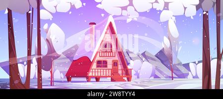 Cartoon Winter Schneelandschaft mit Holzhaus im Wald in der Nähe von Bergen. Gemütliches Ferienhaus aus Holz mit Schnee bedeckt. Vektor-Illustration natürliche Landschaft mit Hütte für Camping und Urlaub im Freien. Stock Vektor