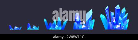 Cluster aus blau glänzenden Edelsteinkristallen für das ui-Design auf Spielniveau. Cartoon-rpg-Anlagen wachsender Haufen von hellen Diamanten-Rohmaterialgesteinen. Vektor-Illustration von Bergbauschatz und Juwel. Stock Vektor