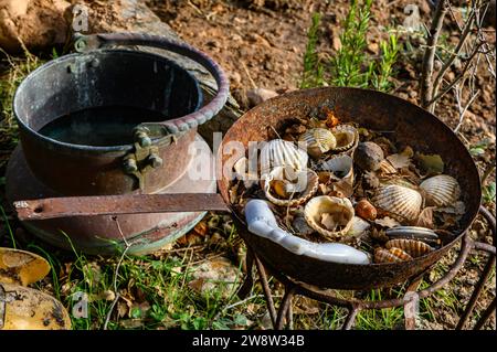 Ein alter rostiger Eisentopf mit antiken Muschelschalen, getrockneten Blättern und Waldnüssen. Darunter liegen trockene Blätter und Erde auf dem Boden. Stockfoto