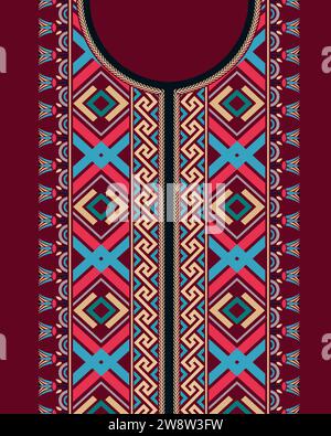Ein farbenfrohes Stickdesign im Retro-Stil mit griechischen Fret-Mustern, geometrischen Formen und ägyptischem Lotus. Stock Vektor