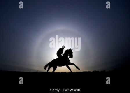 PA REVIEW OF THE YEAR 2023 File Photo vom 15/03/23 - Ein Pferd auf der Galopps vor dem zweiten Tag des Cheltenham Festivals auf der Cheltenham Racecourse. Bilddatum: Mittwoch, 15. März 2023. Ausgabedatum: Freitag, 22. Dezember 2023. Stockfoto