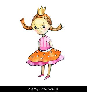Aquarell handgezeichnet schöne süße kleine Prinzessin Mädchen in rosa orange Polka Dot Kleid mit goldener Krone. Buchillustration isoliert auf weiß Stockfoto