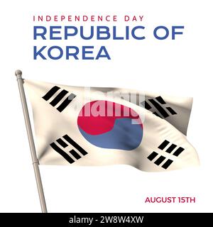 Unabhängigkeitstag republik korea Text und Datum in Rot und Blau auf weiß mit koreanischer Flagge Stockfoto