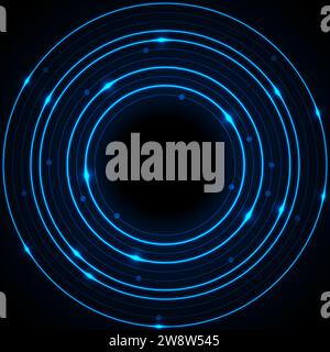 Abstrakte neonblaue Kreise mit Leiterplattenlinien-Technologie-Hintergrund. Vektordesign Stock Vektor