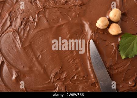 Detail mit brauner Hintergrundstruktur mit frisch ausgebreiteter Kakaocreme und einem Messer, das mit Nüssen und Blättern verziert ist. Draufsicht. Stockfoto